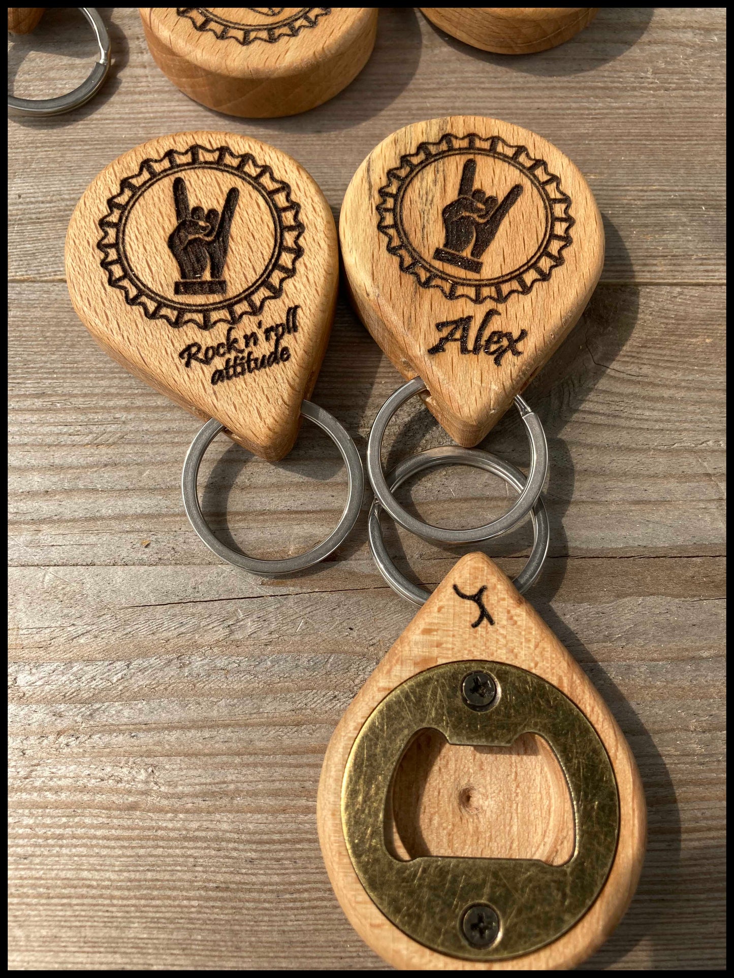 Customizable manual bottle opener key ring in solid beech wood