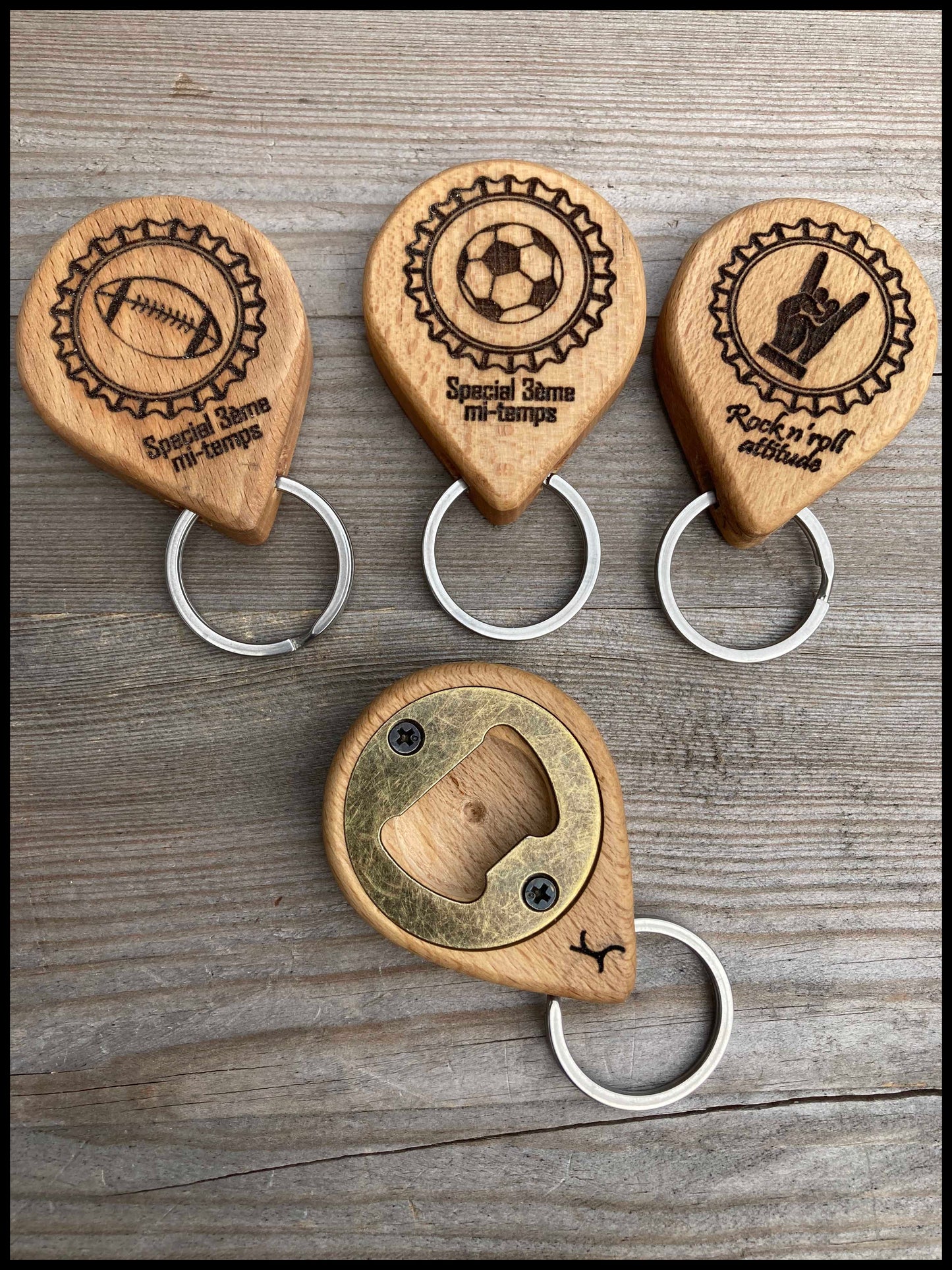 Customizable manual bottle opener key ring in solid beech wood