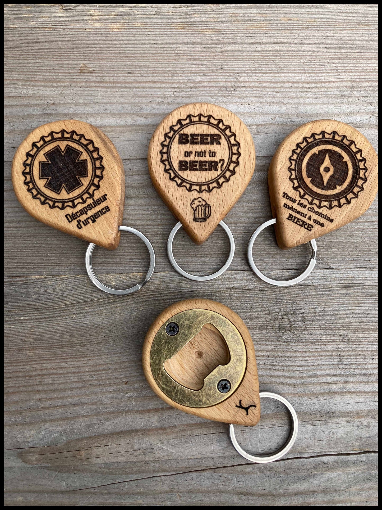 Customizable manual bottle opener key ring in solid beech wood