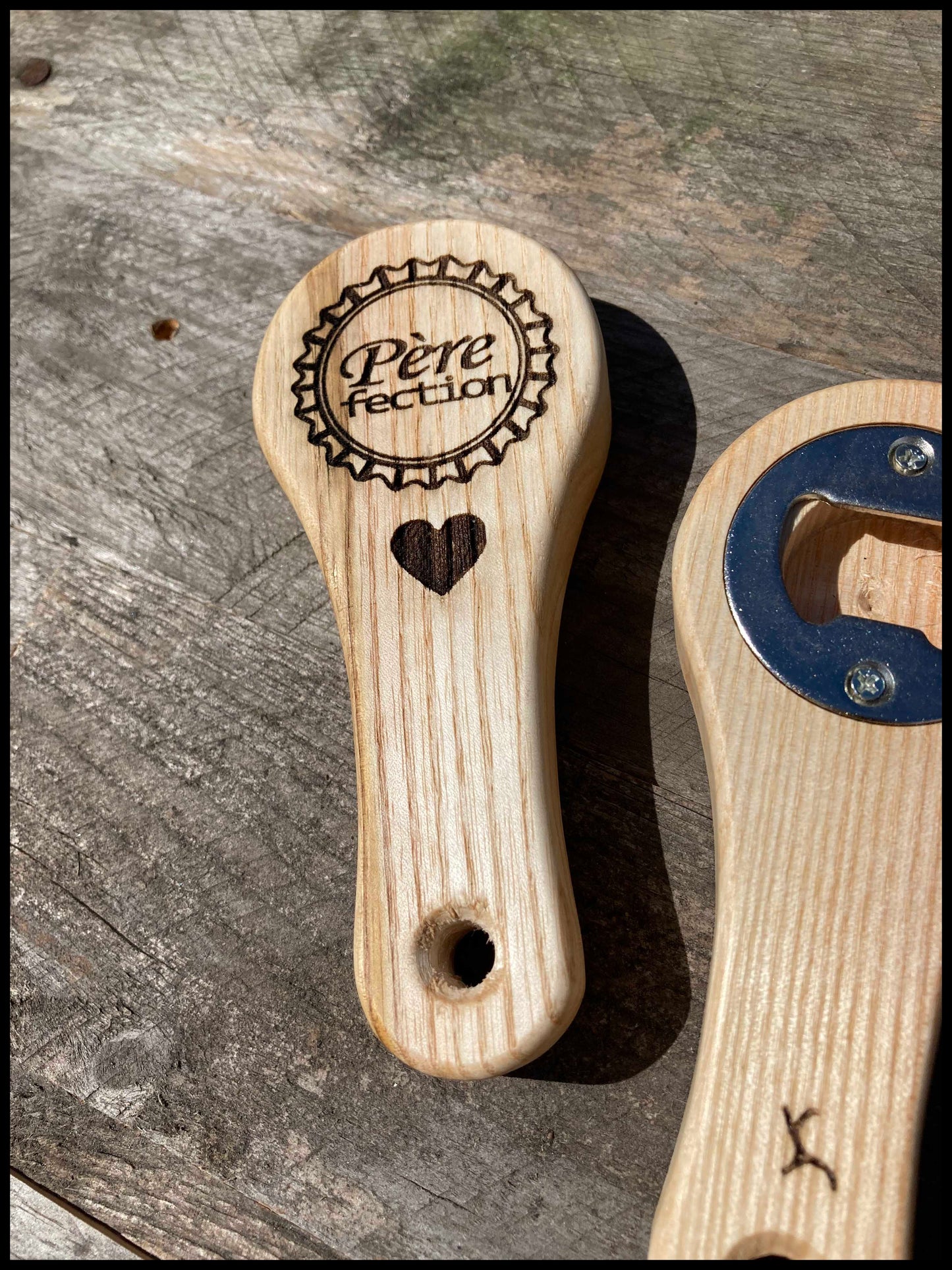 Customizable manual bottle opener in solid ash wood