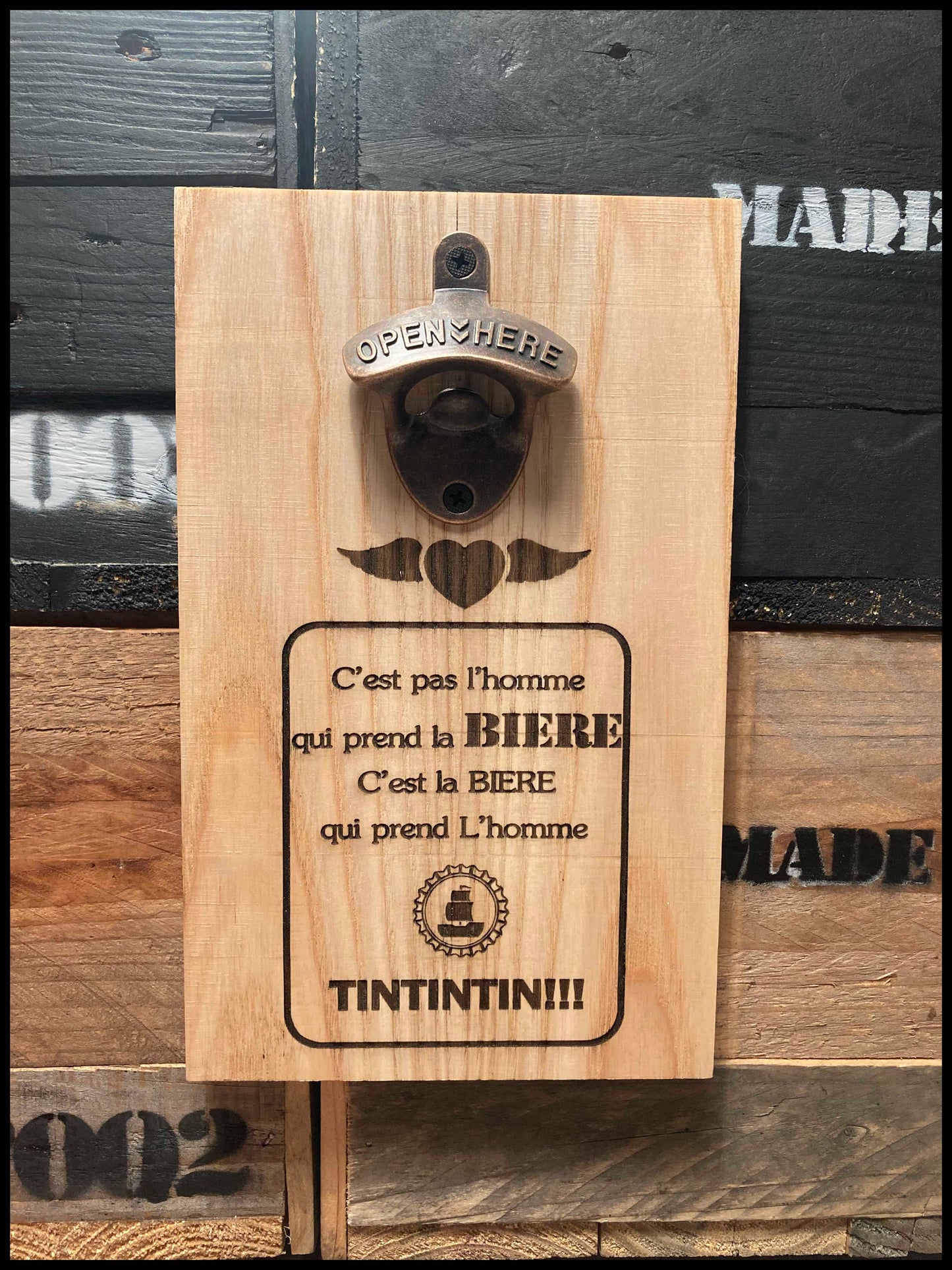 Customizable manual bottle opener in solid ash wood