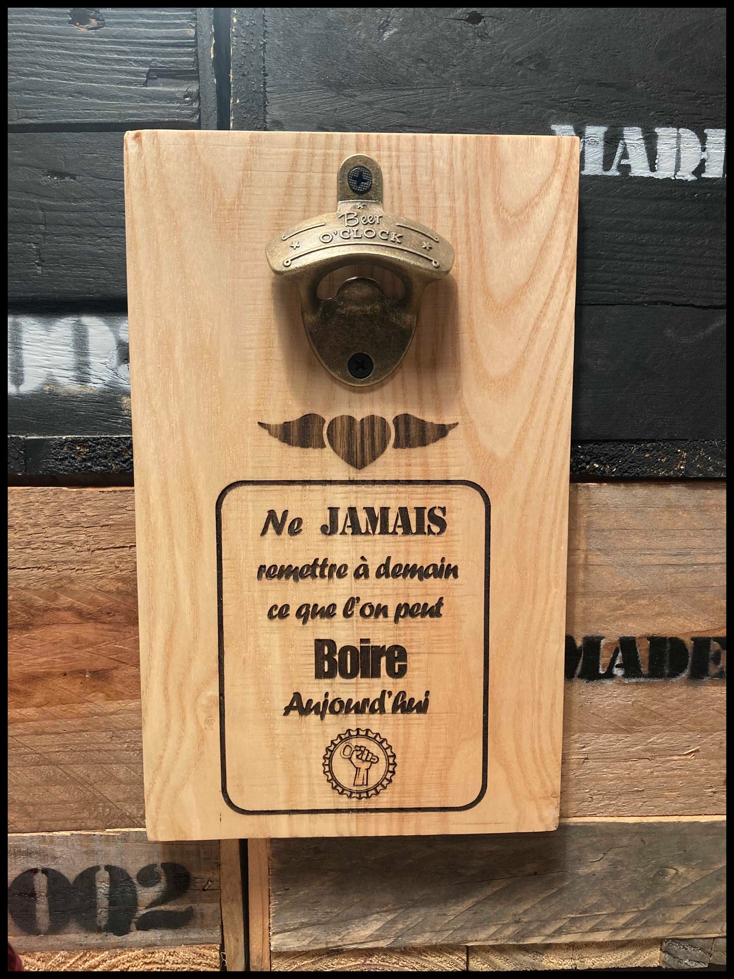 Customizable manual bottle opener in solid ash wood