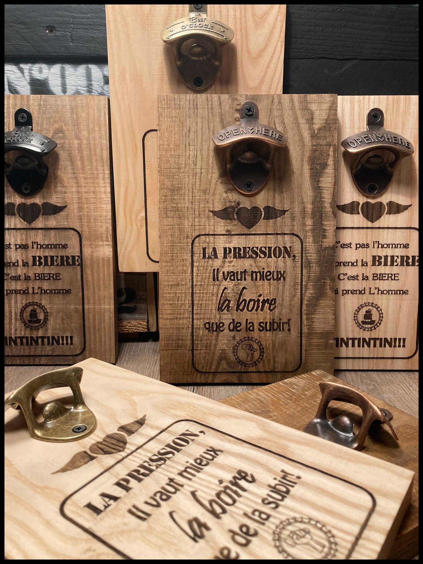 Customizable manual bottle opener in solid ash wood