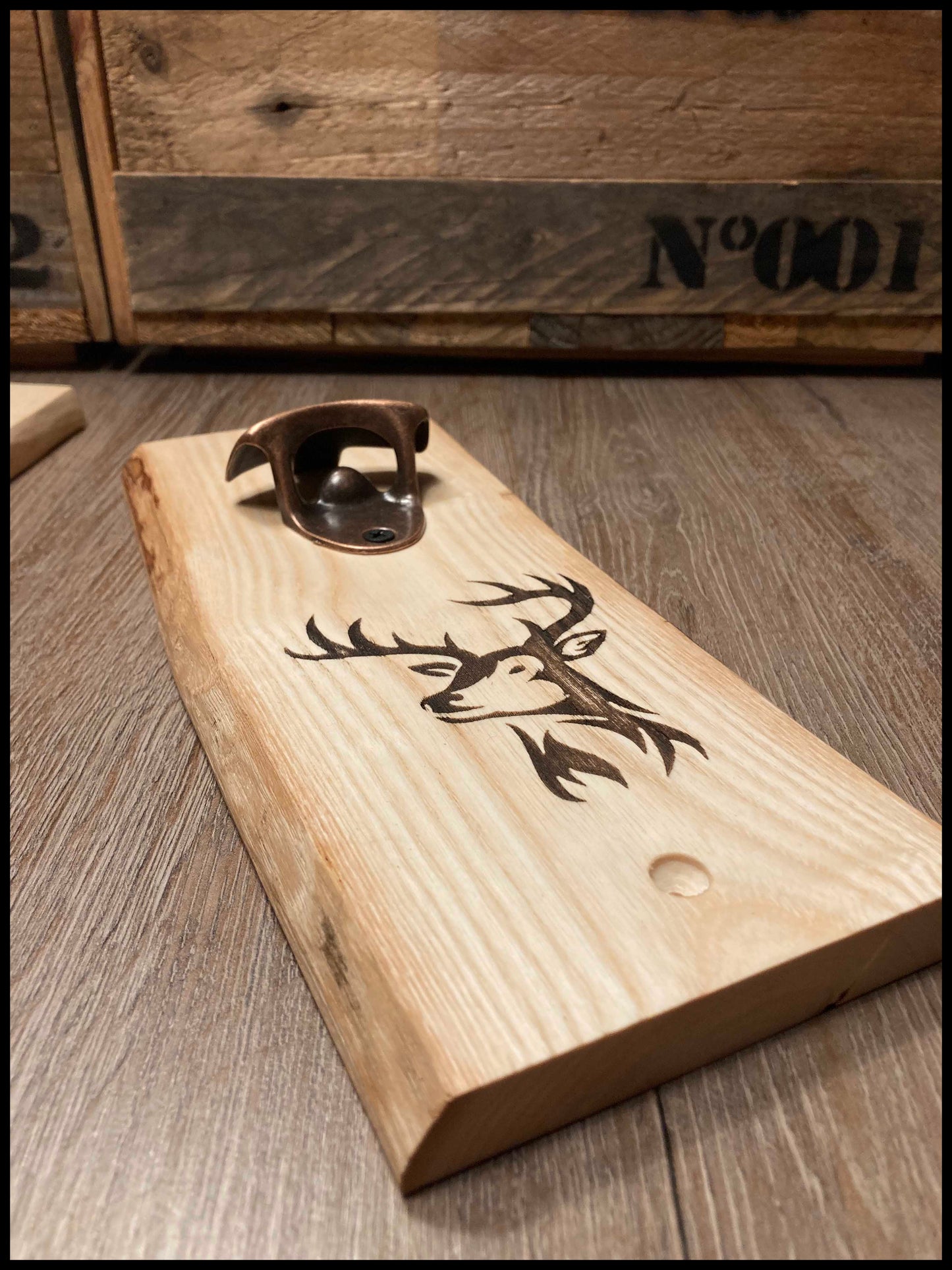 Customizable manual bottle opener in solid ash wood