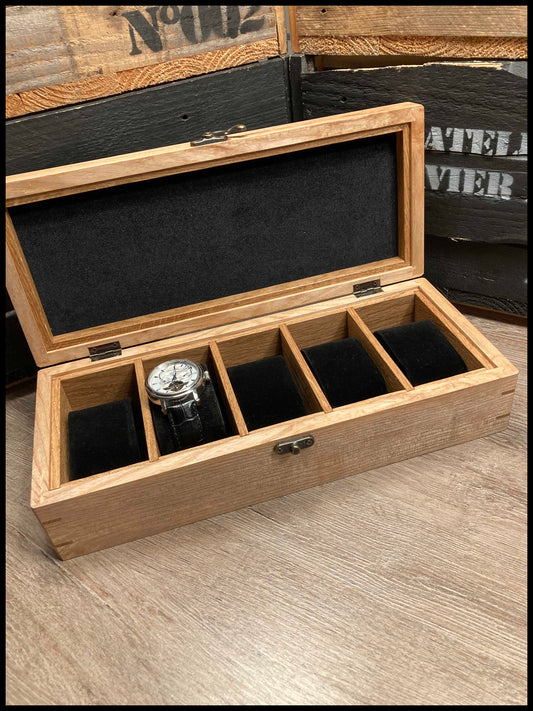 Boîte à montres 5 compartiments en bois massif de frêne avec clés de chêne, capitonné velours noir