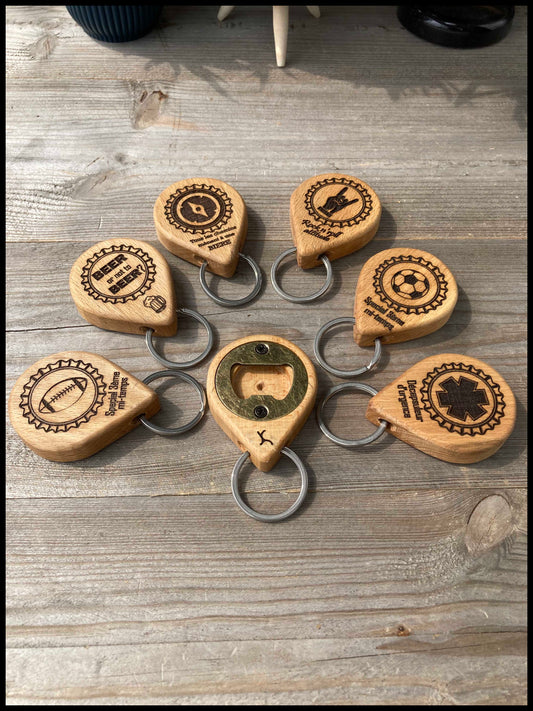 Customizable manual bottle opener key ring in solid beech wood