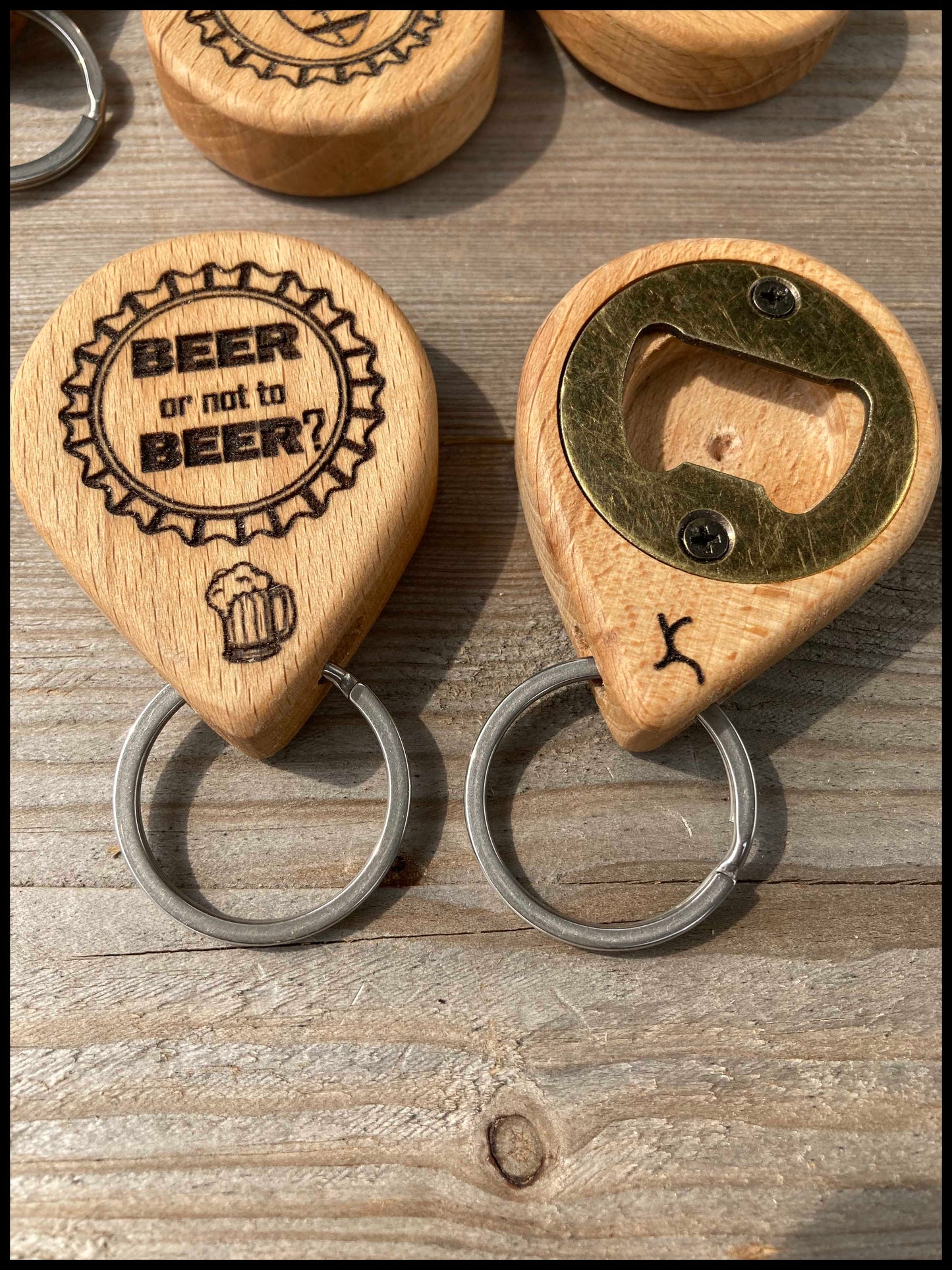 Customizable manual bottle opener key ring in solid beech wood