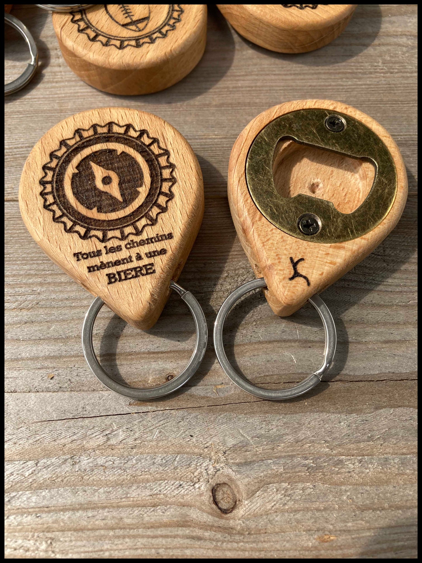 Customizable manual bottle opener key ring in solid beech wood