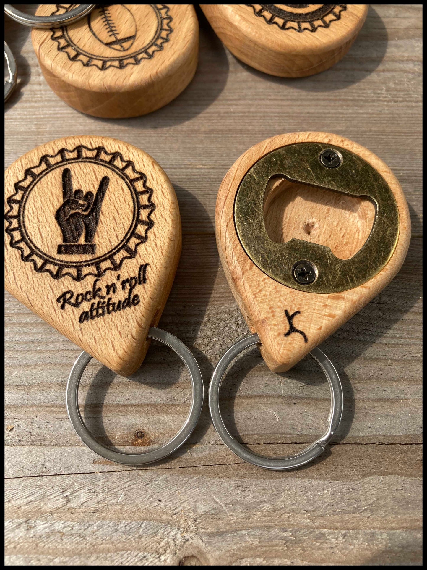 Customizable manual bottle opener key ring in solid beech wood