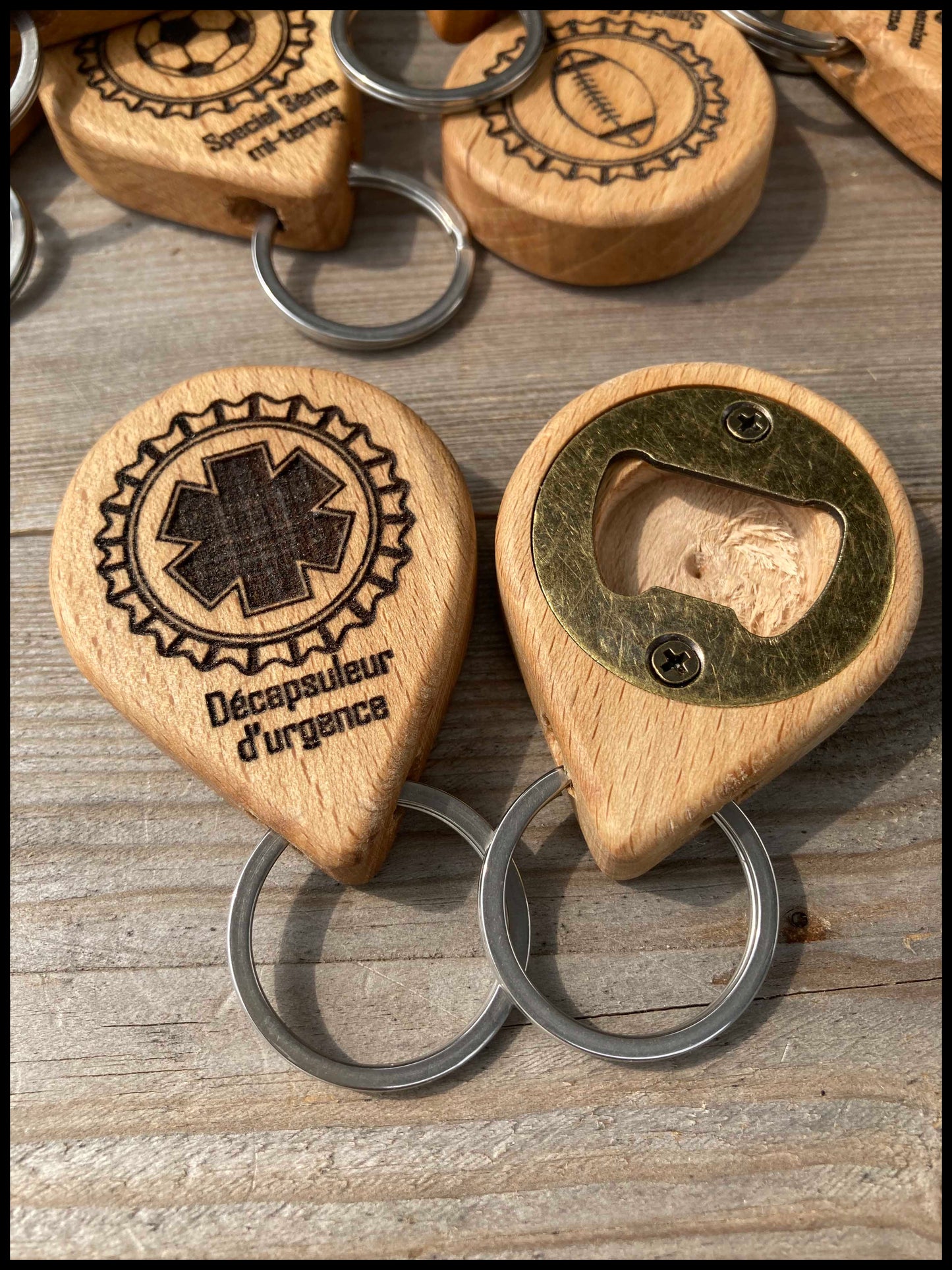 Customizable manual bottle opener key ring in solid beech wood
