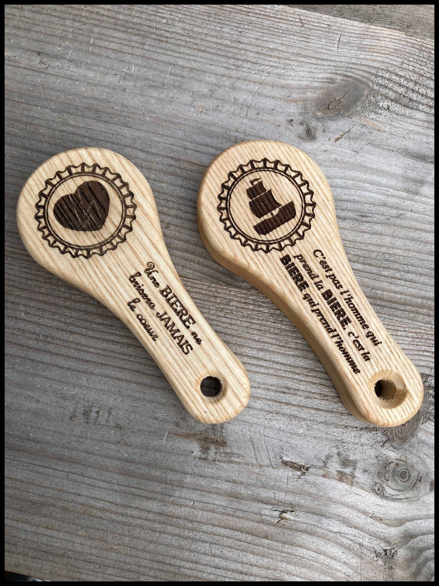 Customizable manual bottle opener in solid ash wood