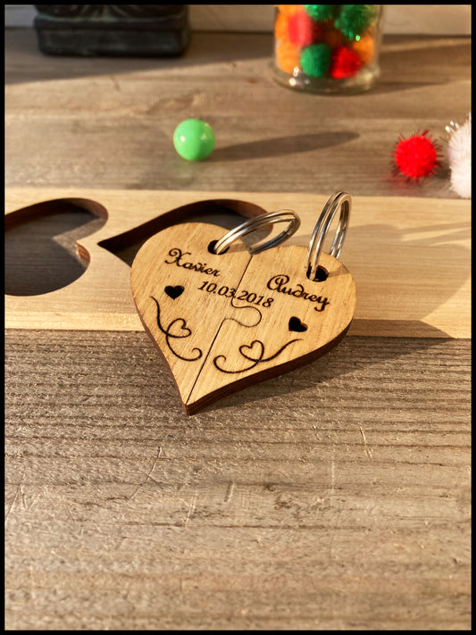 Charming solid wood double keyring: customizable charming hearts